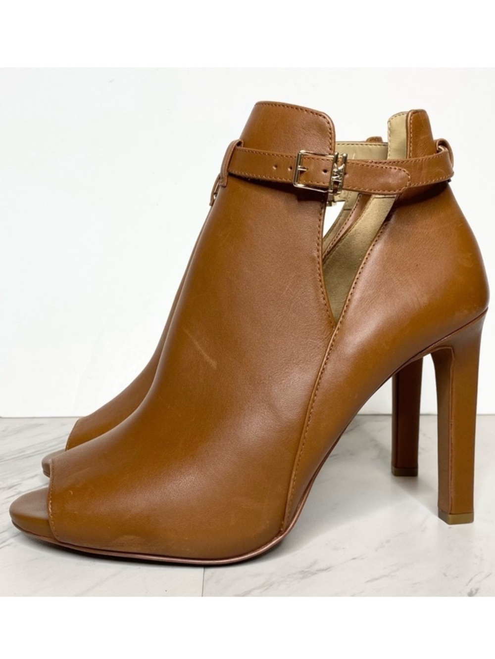Michael Kors Lawson Open Toe Brown Leather Heeled Bootie 9M